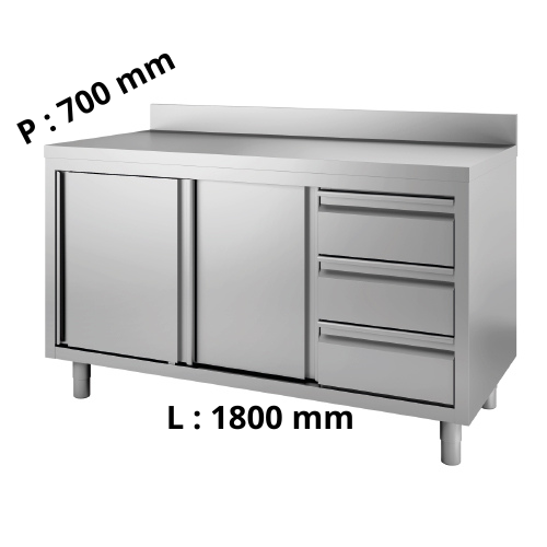 Meuble de rangement inox - 2 Portes coulissantes et Bloc 3 tiroirs - Adossé - P700