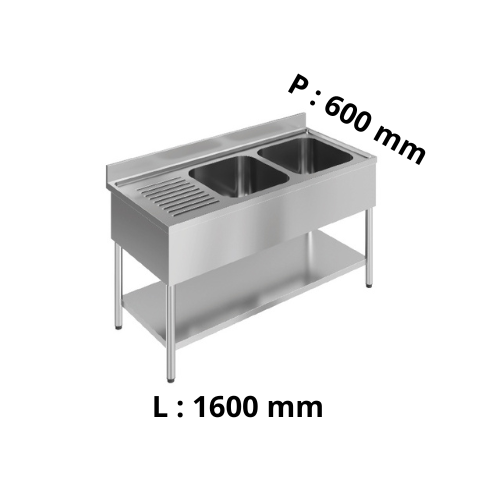 Plonge double bac égouttoir à gauche - avec dosseret - P600