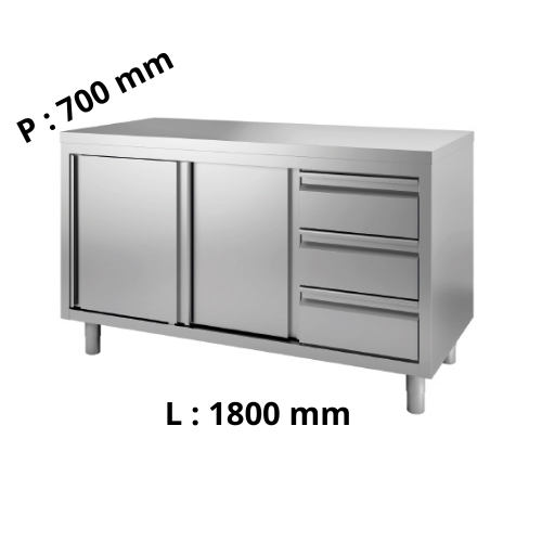 Meuble de rangement inox - 2 Portes coulissantes et Bloc 3 tiroirs - Central - P700