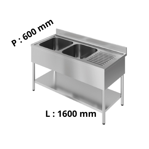 Plonge double bac égouttoir à droite - avec dosseret - P600