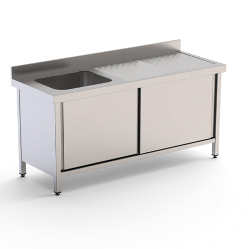 Plonge simple bac égoutoir à droite - avec dosseret - avec portes coulissantes - P600
