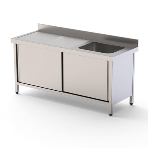 Plonge simple bac égoutoir à gauche - avec dosseret - avec portes coulissantes - P600