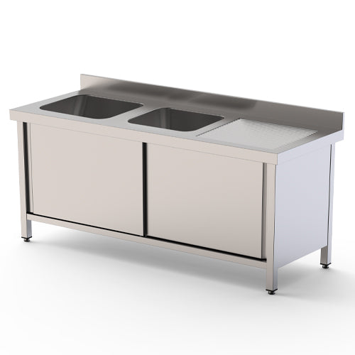 Plonge double bac égoutoir à droite - avec dosseret - avec portes coulissantes - P600