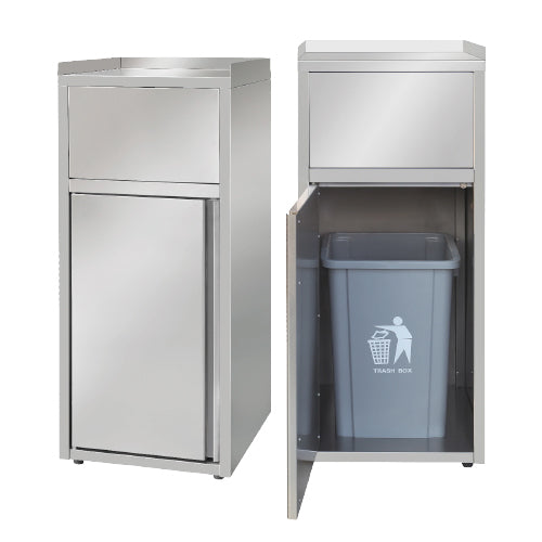 Poubelle inox en salle - placard pour poubelle et repose plateau