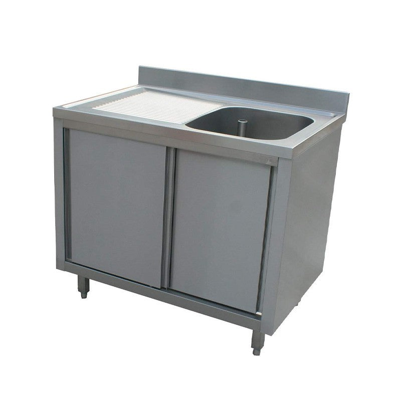 Plonge inox 1 bac - Egouttoir à gauche - P 700 x L 1200 mm - Placard fermé - Nosem