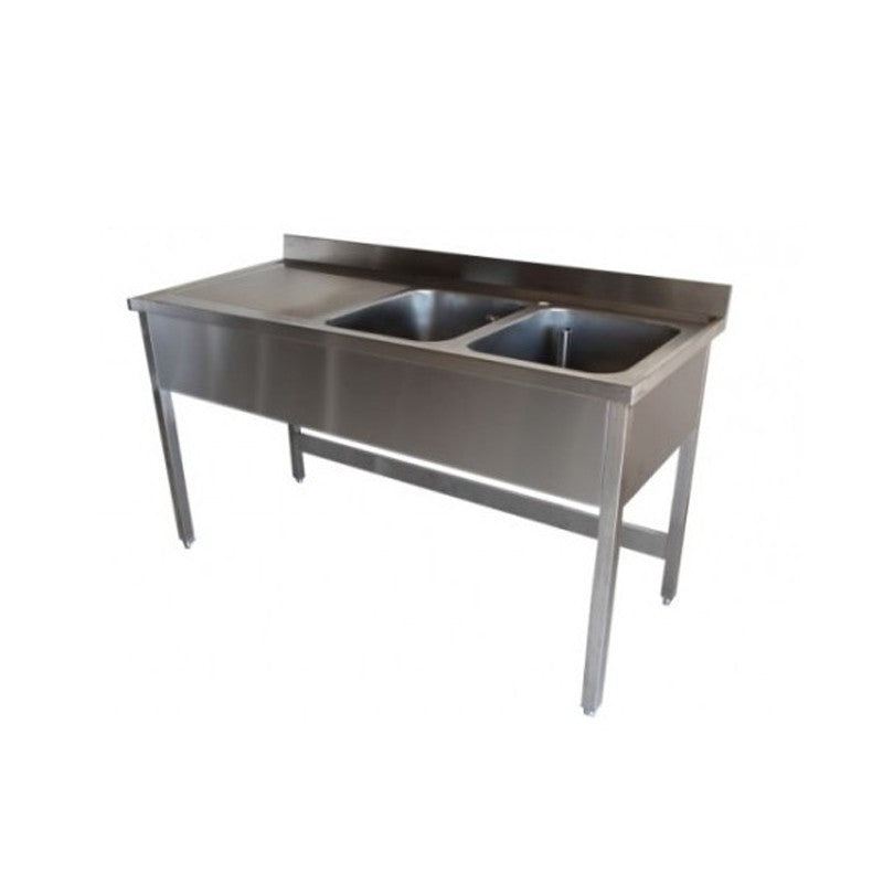 Plonge inox 2 bacs - Egouttoir à gauche - P 700 x L 2000 mm - Piètement simple - Nosem