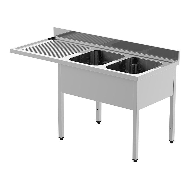 Plonge inox pour lave-vaisselle - 2 bacs - Egouttoir à droite - P 700 x L 1800 mm - Sans étagère basse - Nosem