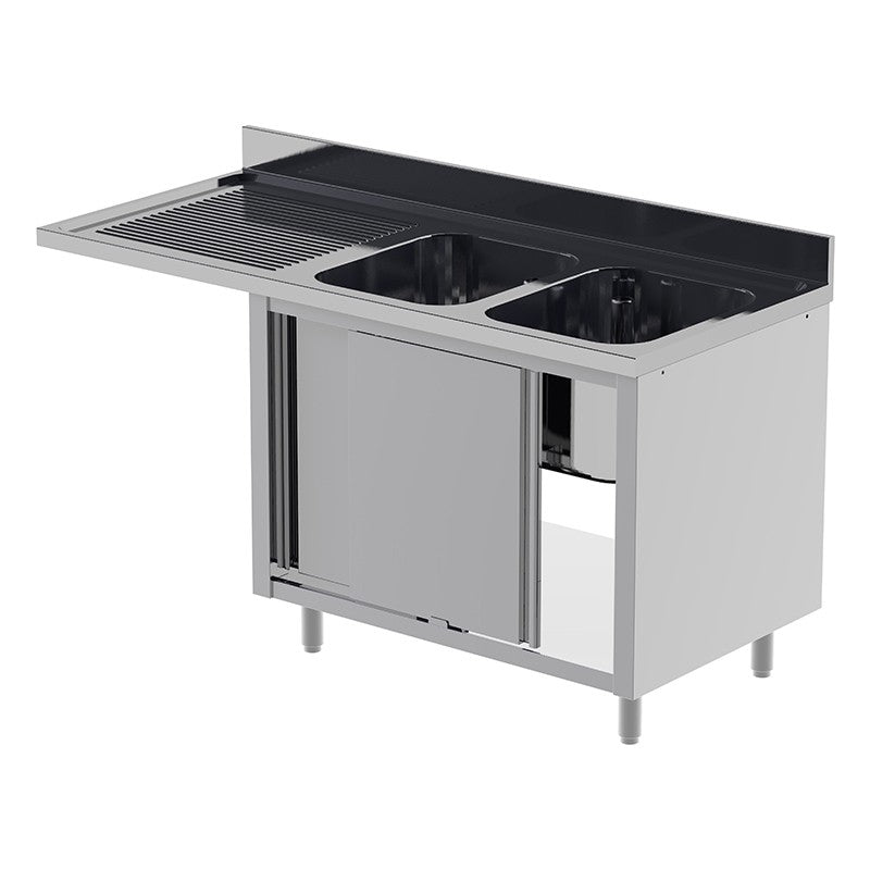 Plonge inox pour lave-vaisselle - 2 bacs - Egouttoir à gauche - P 700 x L 1600 mm - Placard fermé - Nosem