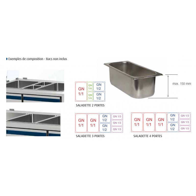 Saladette positive - 2 GN 1/1 + 2 GN 1/4 - 300 L - 2 portes pleines - Prof. 700 - Avec vitrine basse - Dalmec