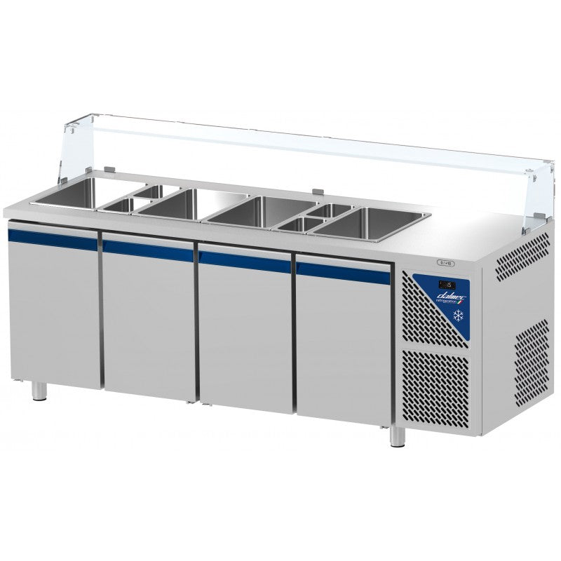 Saladette positive +4/+10°C - 5 GN 1/1 - 630 L - 4 portes pleines - Prof. 700 - Avec vitrine basse - Dalmec
