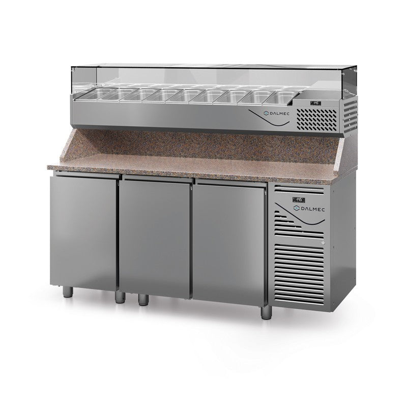 Table à pizza prof. 700 - GN 1/1 avec vitrinette 8 x GN 1/4 - 3 portes - Dalmec