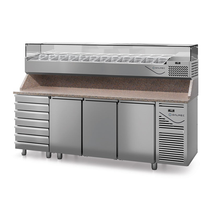 Table à pizza prof. 800 - 600 x 400 avec vitrinette 12 x GN 1/3 - 3 portes + 7 tiroirs neutres à patons - Dalmec