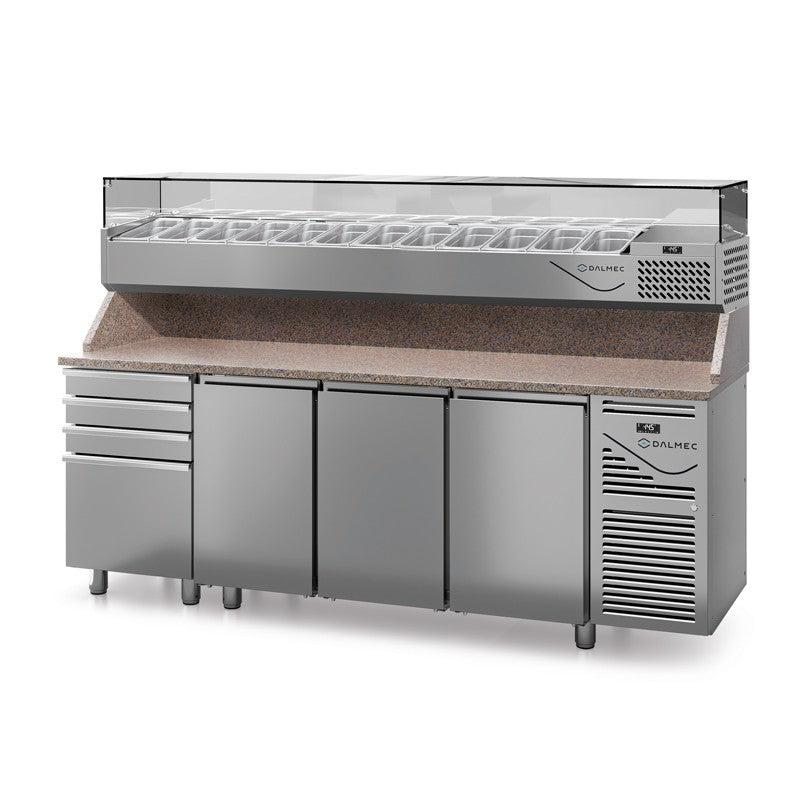 Table à pizza prof. 800 - 600 x 400 avec vitrinette 12 x GN 1/4 - 3 portes + 4 tiroirs neutres à patons - Dalmec