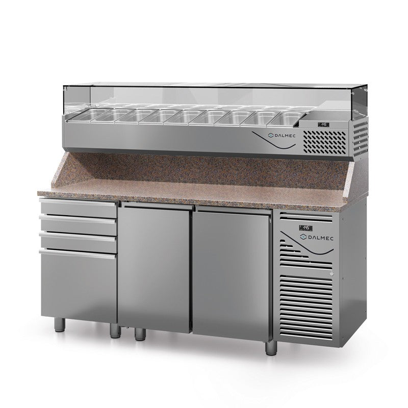 Table à pizza prof. 800 - 600 x 400 avec vitrinette 9 x GN 1/3 - 2 portes + 4 tiroirs neutres à patons - Dalmec