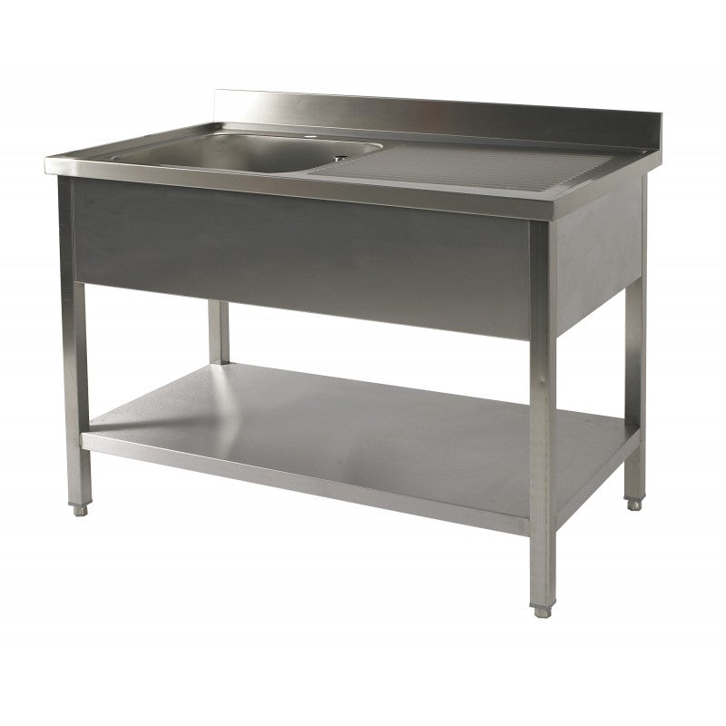Table du chef adossée inox avec étagère profondeur 700 mm - Bac à gauche - Longueur 2000 mm - Nosem