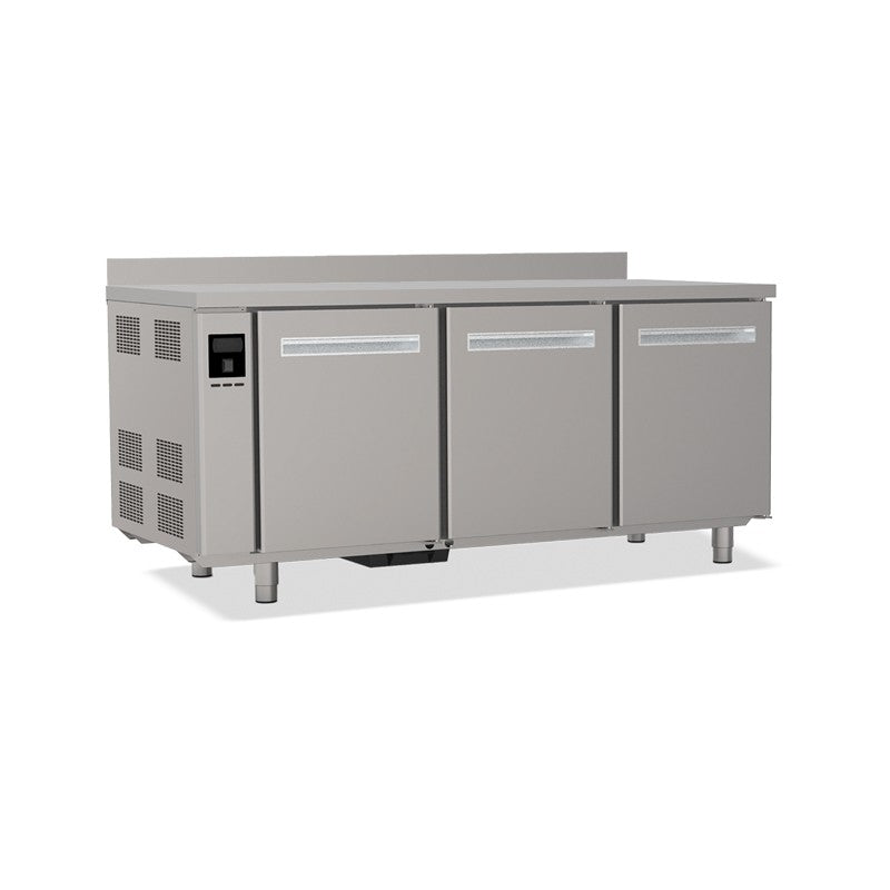 Tables réfrigérées pâtissières positives - Dessus inox - Avec dosseret - Sans groupe logé - Prof. 810 mm - 3 portes