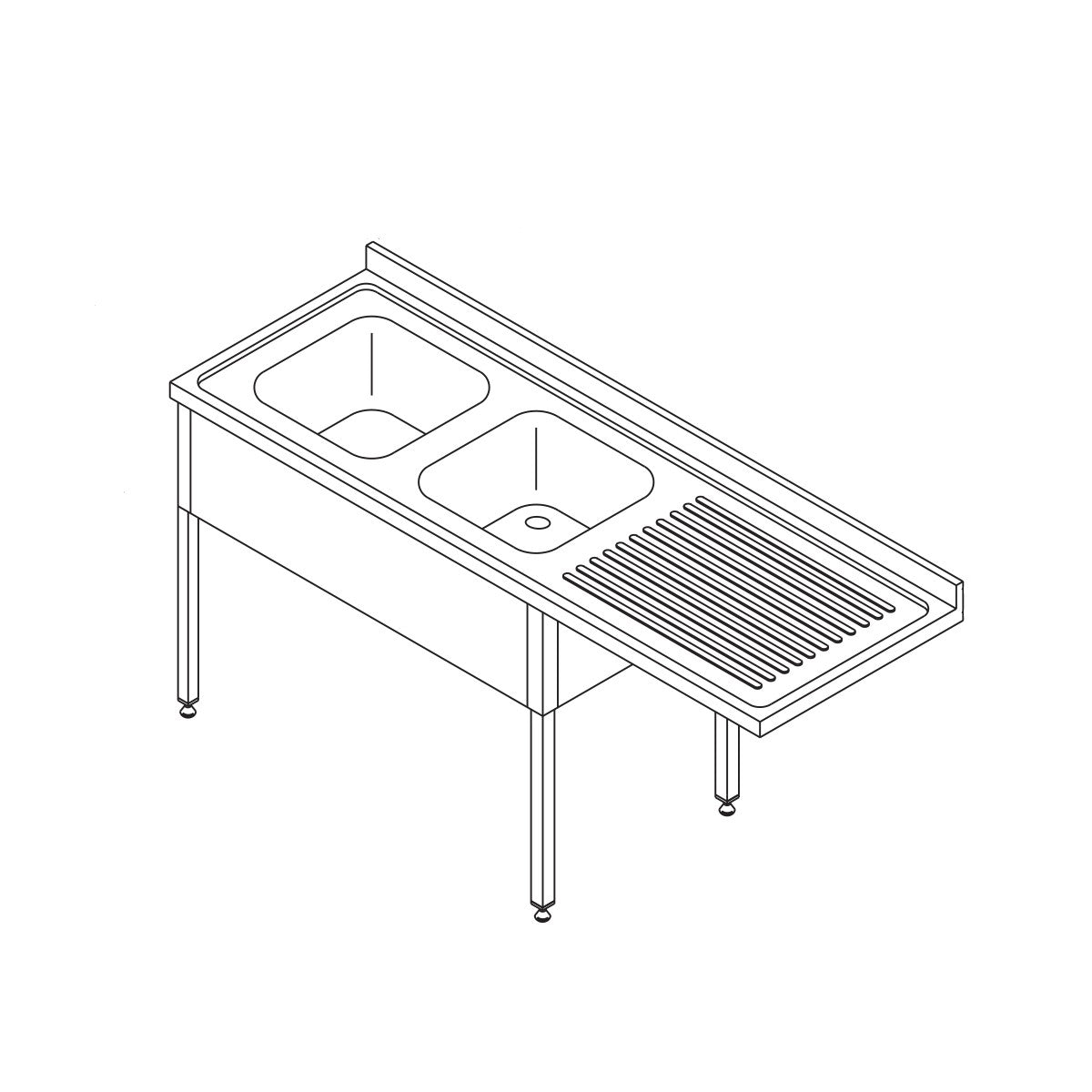 Table lave-vaisselle 200 x 70 cm - gauche - 2 éviers + dosseret + étagère - inox