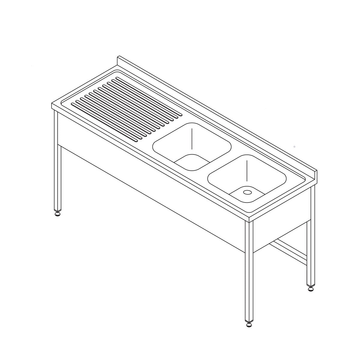 Table de lavage 150 x 70 cm - 2 éviers + dosseret - inox