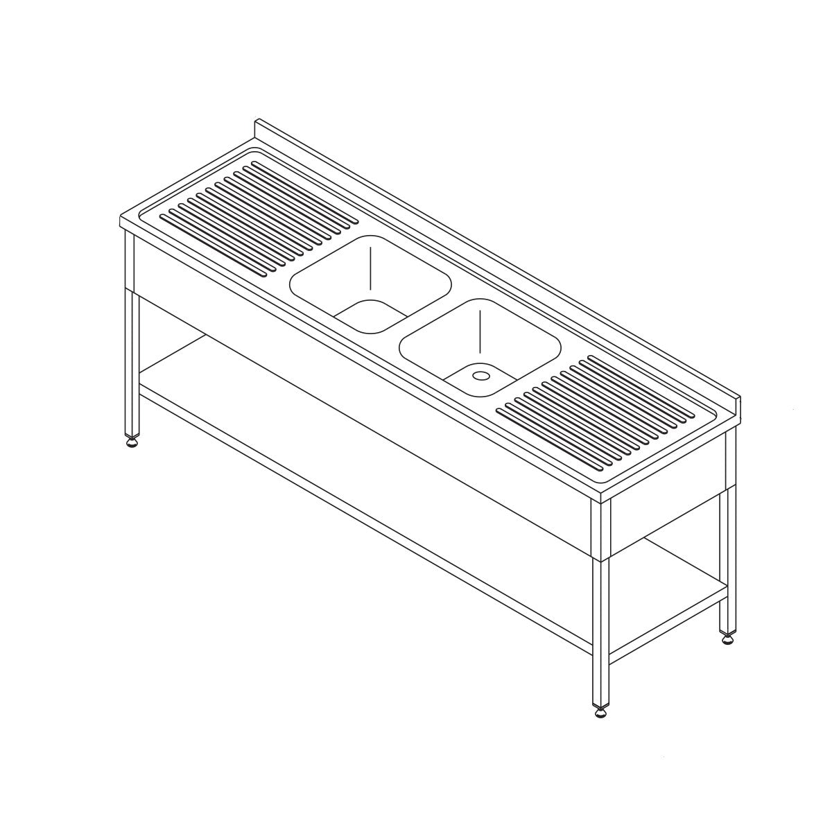 Table de lavage 190 x 70 cm - 2 éviers + dosseret + étagère - inox