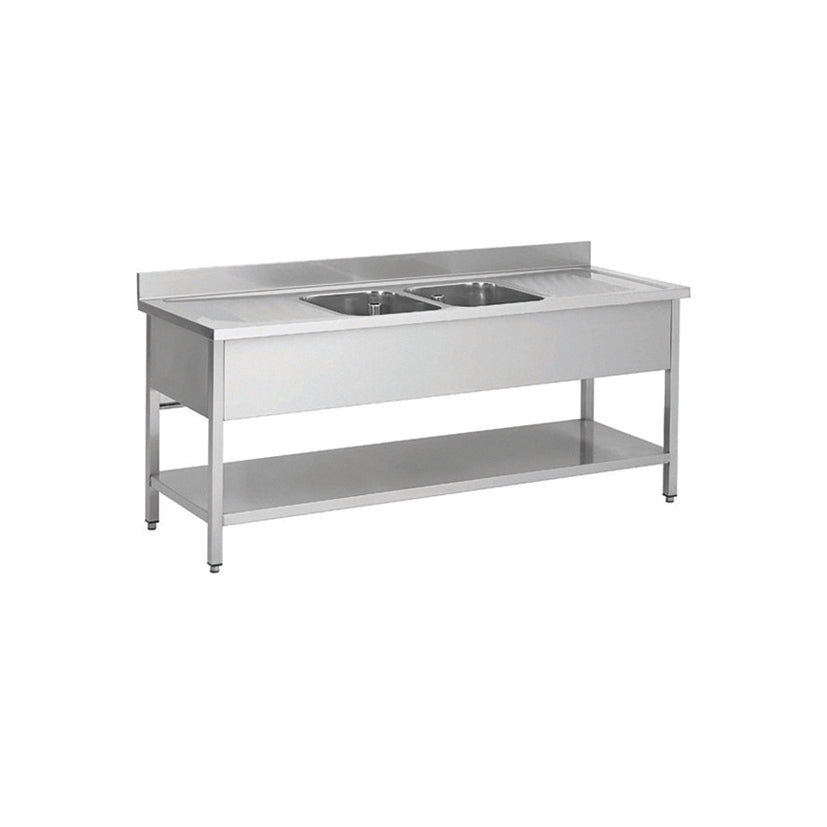 Plonge en inox - 2 Bacs - 2 égouttoirs, 2000 x 600 x850 mm - Skyrainbow THSTR206BM2