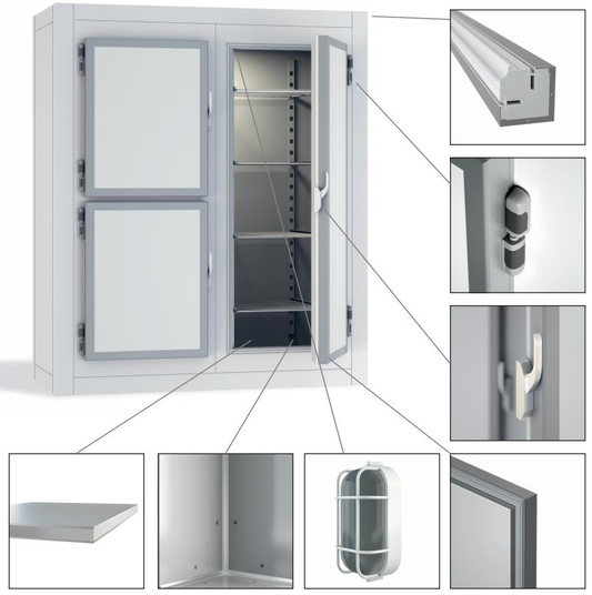 Armoire froide démontable CORECO - détails serrure, poignée, clayettes, éclairage