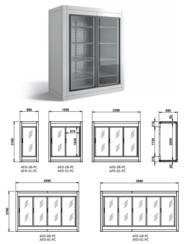 Armoire froide démontable à portes vitrées CORECO - vue d'ensemble et dimensions