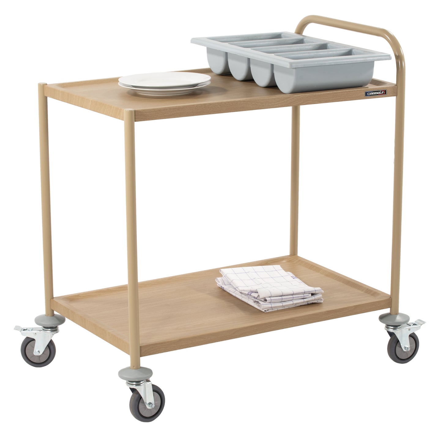 Chariot de service imitation bois 2 plateaux 1 arceau