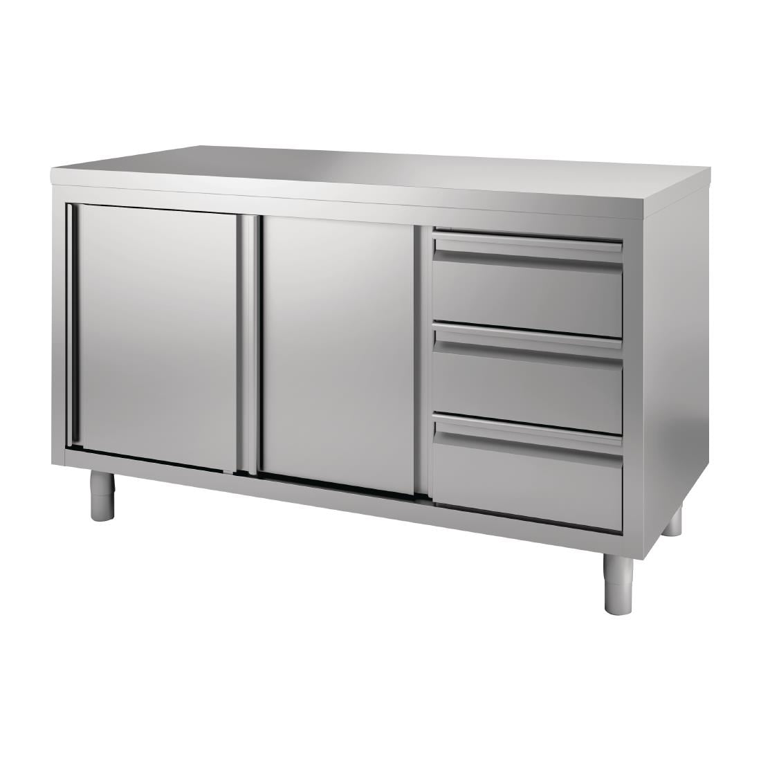 Table armoire inox avec portes coulissantes et 3 tiroirs à droite Gastro M 1600 x 700 x 850/900mm - Gastro M - GN165