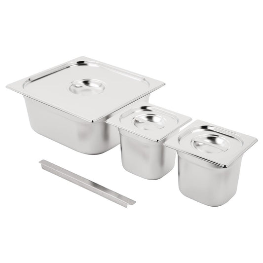 Ensemble de bacs GN 2 x 1/6 et 2/3 inox avec couvercles Vogue - Vogue - SA241