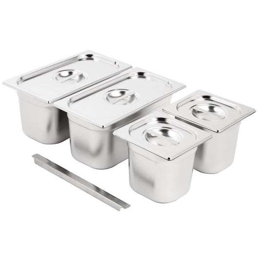 Ensemble de bacs GN 2x 1/3 et 2 x 1/6 en inox avec couvercles Vogue - Vogue - SA249