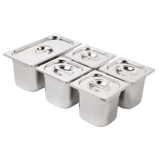Ensemble de bacs GN 1/3 et 4 x 1/6 en inox avec couvercles Vogue - Vogue - SA246