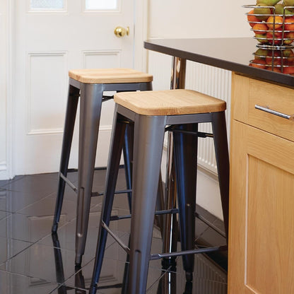 Tabouret bistro haut en acier gris avec assise en bois Bolero (lot de 4) - Bolero - GM639