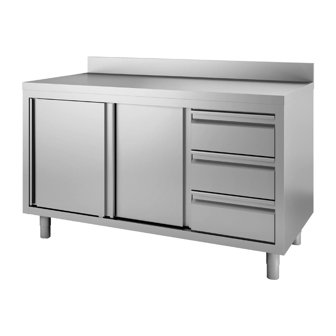 Table armoire inox avec dosseret 3 tiroirs à droite et portes coulissantes Gastro M 850/900x1800x700mm - Gastro M - DS444