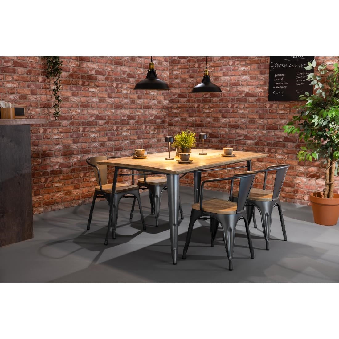Fauteuils gris acier à dossier incurvé avec assise en bois Bolero Bistro (lot de 4) - Bolero - HZ805
