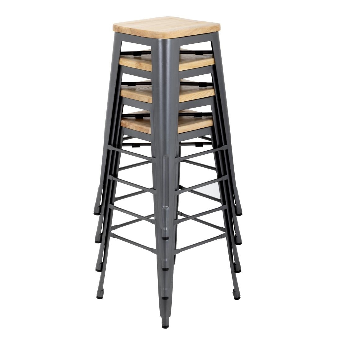 Tabouret bistro haut en acier gris avec assise en bois Bolero (lot de 4) - Bolero - GM639