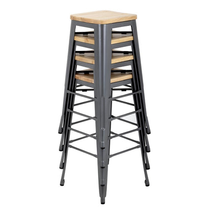 Tabouret bistro haut en acier gris avec assise en bois Bolero (lot de 4) - Bolero - GM639