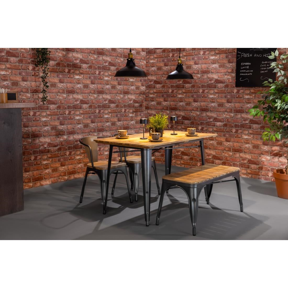 Banc d'intérieur à lattes en bois de manguier et cadre gris acier Bolero Bistro 850 mm (lot de 2) - Bolero - HZ817