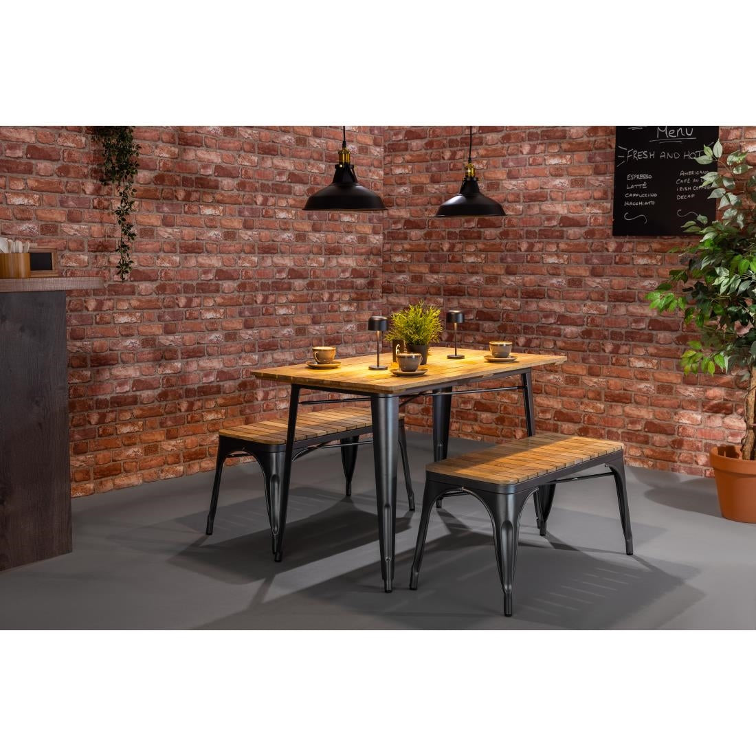 Banc d'intérieur à lattes en bois de manguier et cadre gris acier Bolero Bistro 850 mm (lot de 2) - Bolero - HZ817