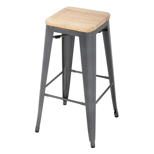 Tabouret bistro haut en acier gris avec assise en bois Bolero (lot de 4) - Bolero - GM639