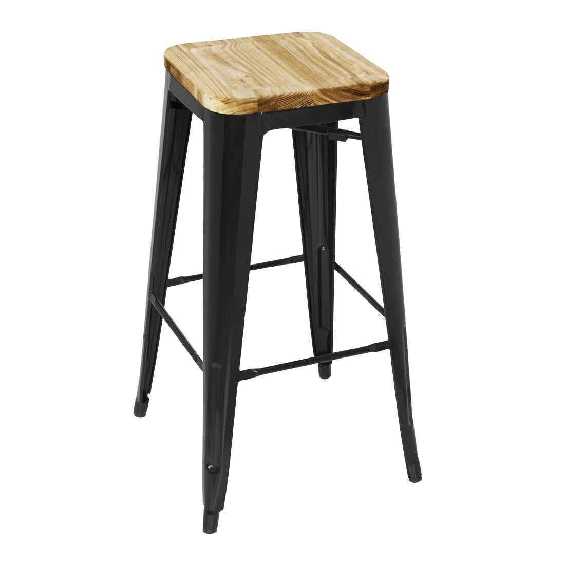 Tabouret bistro haut en acier noir avec assise en bois Bolero (lot de 4) - Bolero - GM640
