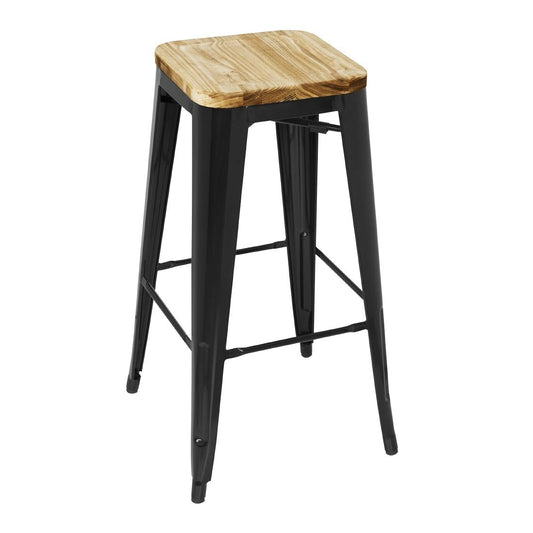 Tabouret bistro haut en acier noir avec assise en bois Bolero (lot de 4) - Bolero - GM640