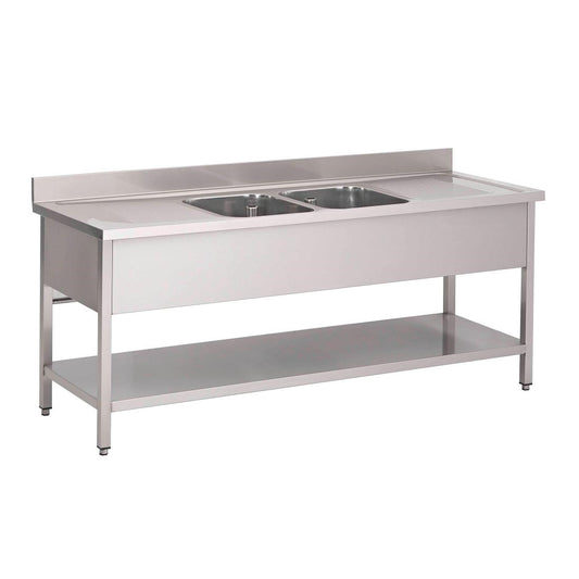 Plonge inox avec étagère basse Gastro M 2 bacs au centre 200 x 70 x 85 cm - Gastro M - GN204