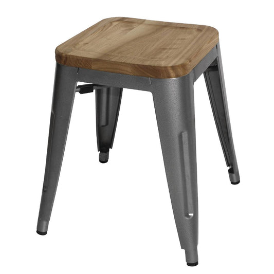 Tabouret bistro bas en acier gris métal avec assise en bois Bolero (lot de 4) - Bolero - GM636