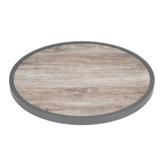 Plateau de table extérieur rond en verre trempé Bolero effet grain de bois bord gris 580mm - Bolero - DL486