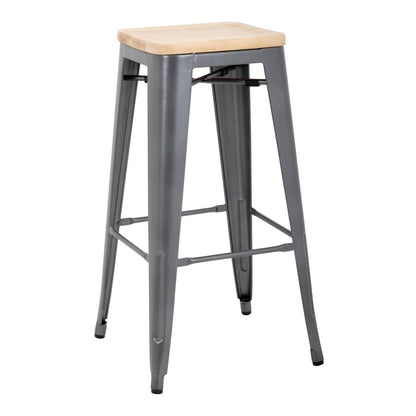 Tabouret bistro haut en acier gris avec assise en bois Bolero (lot de 4) - Bolero - GM639