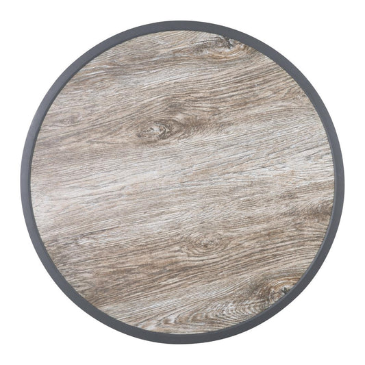 Plateau de table extérieur rond en verre trempé Bolero effet grain de bois bord gris 580mm - Bolero - DL486