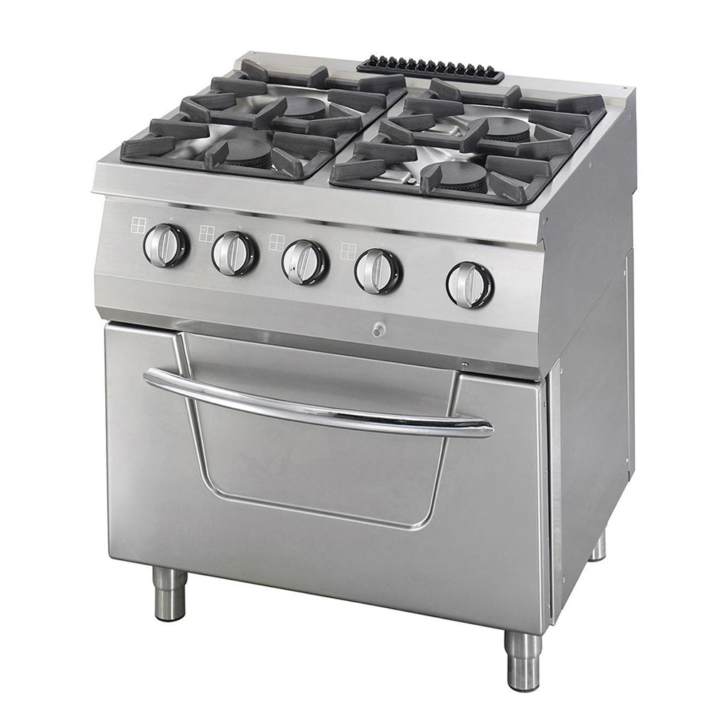 Cuisinière à gaz Heavy Duty 37 kW - 4 brûleurs + four GN - unité double 70 cm