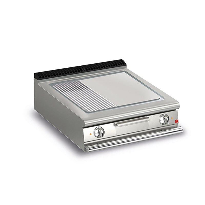 Plancha 1/3 rainurée électrique avec revêtement chrome brossé - 705 x 490 mm - Gamme QUEEN 700 - Baron