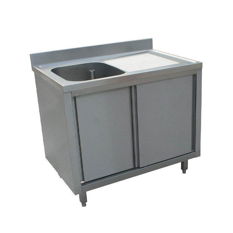 Plonge inox 1 bac - Égouttoir à droite - P 700 x L 1400 mm - Placard fermé - Nosem