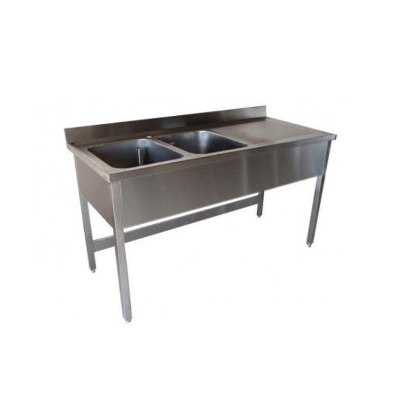 Plonge inox 2 bacs - Egouttoir à droite - P 700 x L 2000 mm - Piètement simple - Nosem